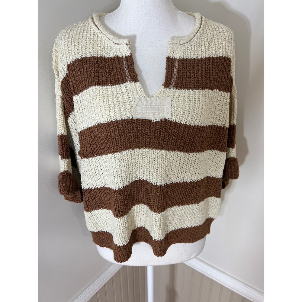 Zenana Striped Loose Knit V-Neck Sweater Brown Cream Short Sleeve S/M - Picture 5 of 11
